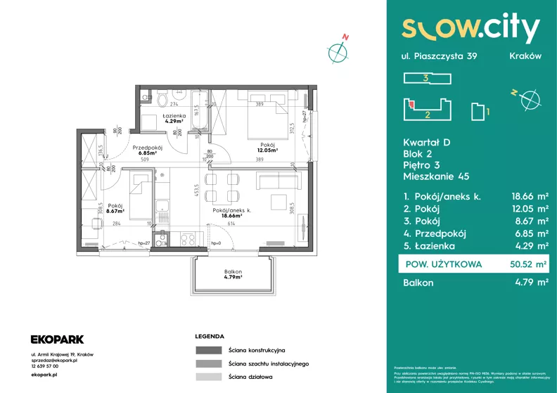 3 pokoje, mieszkanie 50,52 m², piętro 3, oferta nr D2-45, Slow City - Etap D, Kraków, Prądnik Biały, ul. Piaszczysta 39 - 41
