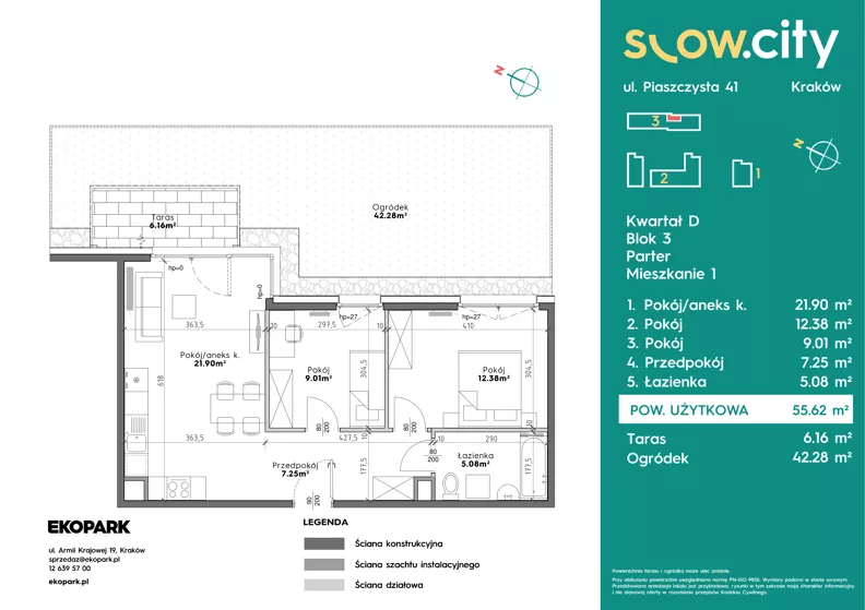 3 pokoje, mieszkanie 55,62 m², parter, oferta nr D3-1, Slow City - Etap D, Kraków, Prądnik Biały, ul. Piaszczysta 39 - 41