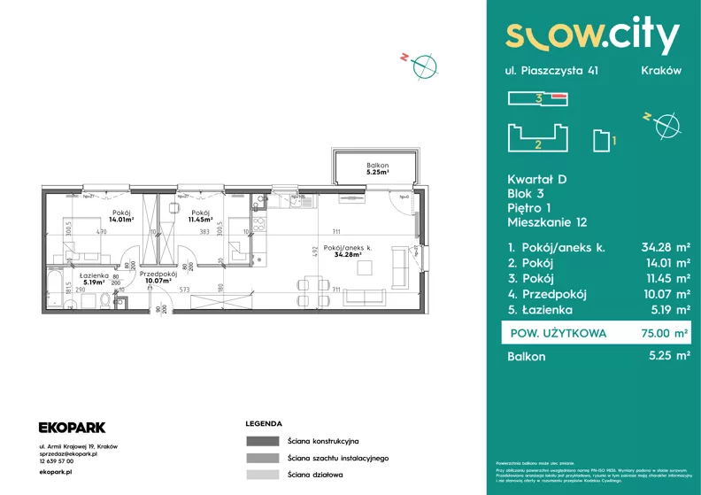 3 pokoje, mieszkanie 75,00 m², piętro 1, oferta nr D3-12, Slow City - Etap D, Kraków, Prądnik Biały, ul. Piaszczysta 39 - 41