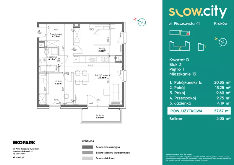 3 pokoje, mieszkanie 57,67 m², piętro 1, oferta nr D3-13, Slow City - Etap D, Kraków, Prądnik Biały, ul. Piaszczysta 39 - 41