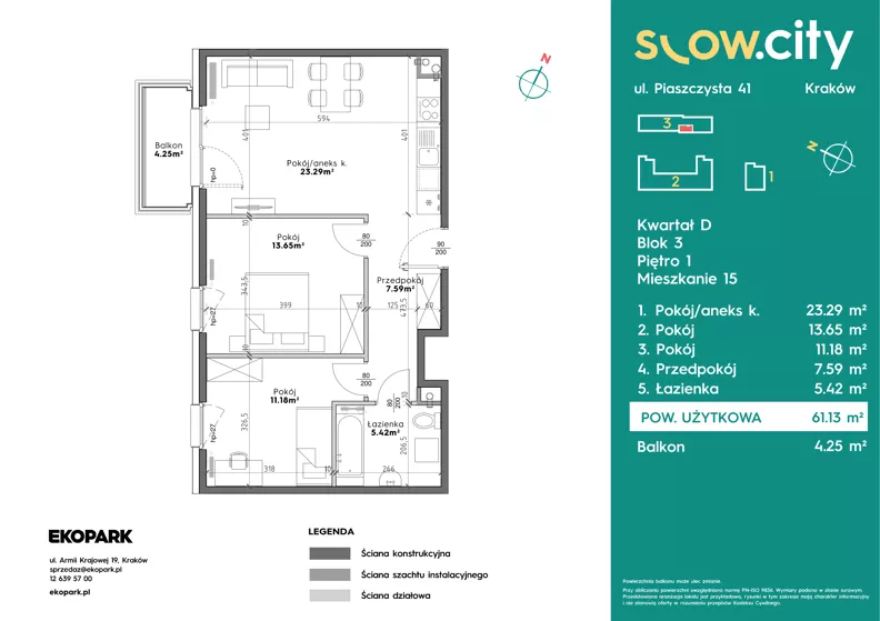 3 pokoje, mieszkanie 61,13 m², piętro 1, oferta nr D3-15, Slow City - Etap D, Kraków, Prądnik Biały, ul. Piaszczysta 39 - 41
