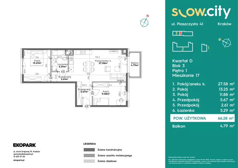 3 pokoje, mieszkanie 66,28 m², piętro 1, oferta nr D3-17, Slow City - Etap D, Kraków, Prądnik Biały, ul. Piaszczysta 39 - 41