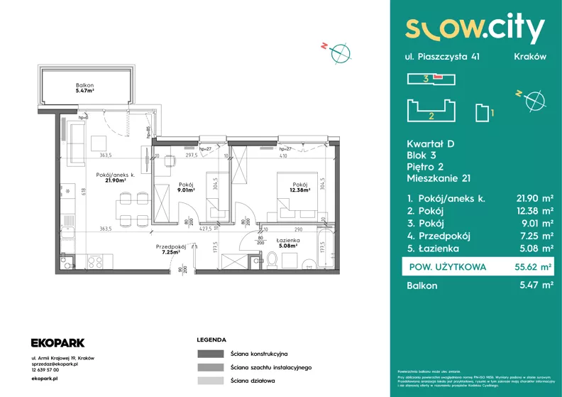 3 pokoje, mieszkanie 55,62 m², piętro 2, oferta nr D3-21, Slow City - Etap D, Kraków, Prądnik Biały, ul. Piaszczysta 39 - 41