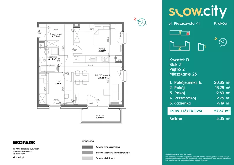 3 pokoje, mieszkanie 57,67 m², piętro 2, oferta nr D3-23, Slow City - Etap D, Kraków, Prądnik Biały, ul. Piaszczysta 39 - 41