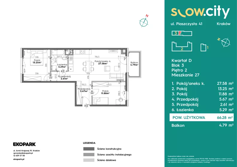 3 pokoje, mieszkanie 66,28 m², piętro 2, oferta nr D3-27, Slow City - Etap D, Kraków, Prądnik Biały, ul. Piaszczysta 39 - 41
