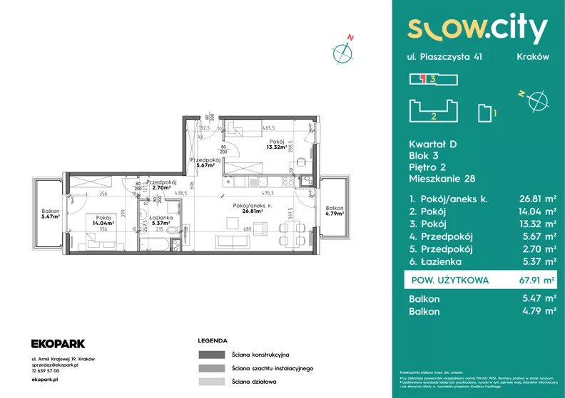 3 pokoje, mieszkanie 67,91 m², piętro 2, oferta nr D3-28, Slow City - Etap D, Kraków, Prądnik Biały, ul. Piaszczysta 39 - 41