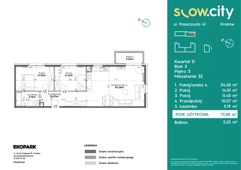 3 pokoje, mieszkanie 75,00 m², piętro 3, oferta nr D3-32, Slow City - Etap D, Kraków, Prądnik Biały, ul. Piaszczysta 39 - 41
