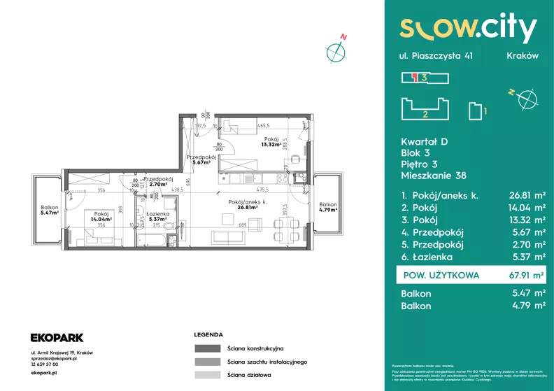 3 pokoje, mieszkanie 67,91 m², piętro 3, oferta nr D3-38, Slow City - Etap D, Kraków, Prądnik Biały, ul. Piaszczysta 39 - 41