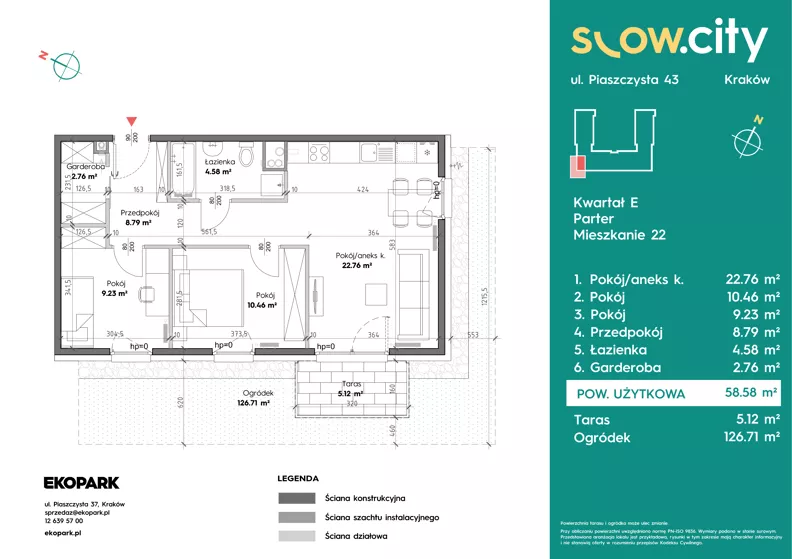 3 pokoje, mieszkanie 58,58 m², parter, oferta nr E-22, Slow City - Etap E, Kraków, Prądnik Biały, ul. Piaszczysta 43
