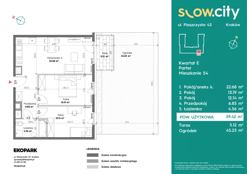 3 pokoje, mieszkanie 59,42 m², parter, oferta nr E-54, Slow City - Etap E, Kraków, Prądnik Biały, ul. Piaszczysta 43