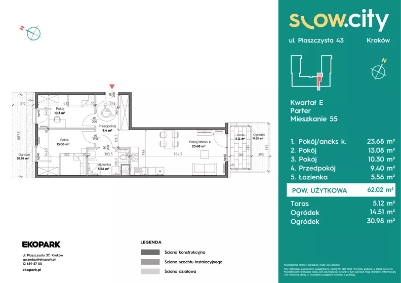 3 pokoje, mieszkanie 62,02 m², parter, oferta nr E-55, Slow City - Etap E, Kraków, Prądnik Biały, ul. Piaszczysta 43