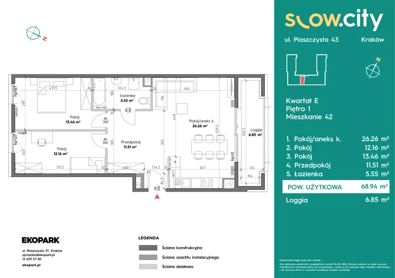 3 pokoje, mieszkanie 68,94 m², piętro 1, oferta nr E-42, Slow City - Etap E, Kraków, Prądnik Biały, ul. Piaszczysta 43
