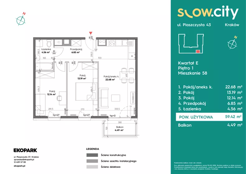 3 pokoje, mieszkanie 59,42 m², piętro 1, oferta nr E-58, Slow City - Etap E, Kraków, Prądnik Biały, ul. Piaszczysta 43