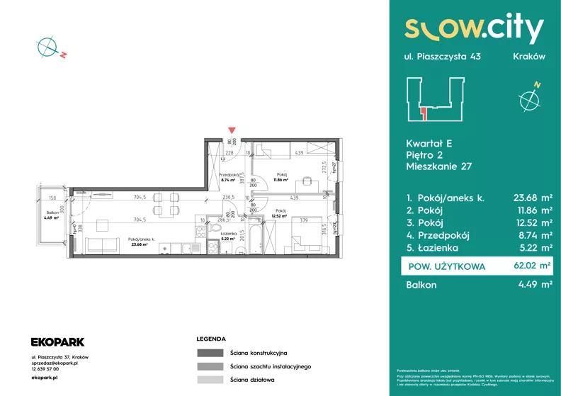 3 pokoje, mieszkanie 62,02 m², piętro 2, oferta nr E-27, Slow City - Etap E, Kraków, Prądnik Biały, ul. Piaszczysta 43