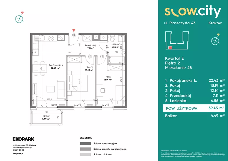 3 pokoje, mieszkanie 59,43 m², piętro 2, oferta nr E-28, Slow City - Etap E, Kraków, Prądnik Biały, ul. Piaszczysta 43