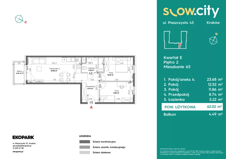 3 pokoje, mieszkanie 62,02 m², piętro 2, oferta nr E-63, Slow City - Etap E, Kraków, Prądnik Biały, ul. Piaszczysta 43