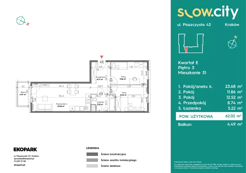 3 pokoje, mieszkanie 62,02 m², piętro 3, oferta nr E-31, Slow City - Etap E, Kraków, Prądnik Biały, ul. Piaszczysta 43
