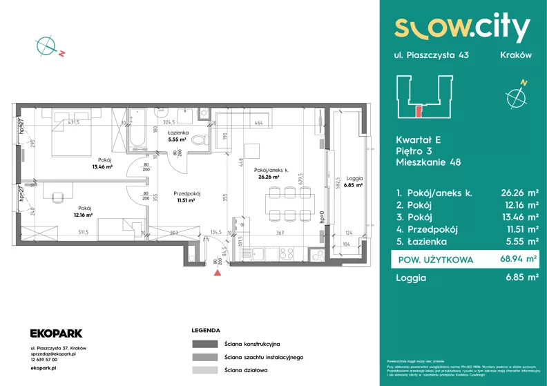 3 pokoje, mieszkanie 68,94 m², piętro 3, oferta nr E-48, Slow City - Etap E, Kraków, Prądnik Biały, ul. Piaszczysta 43