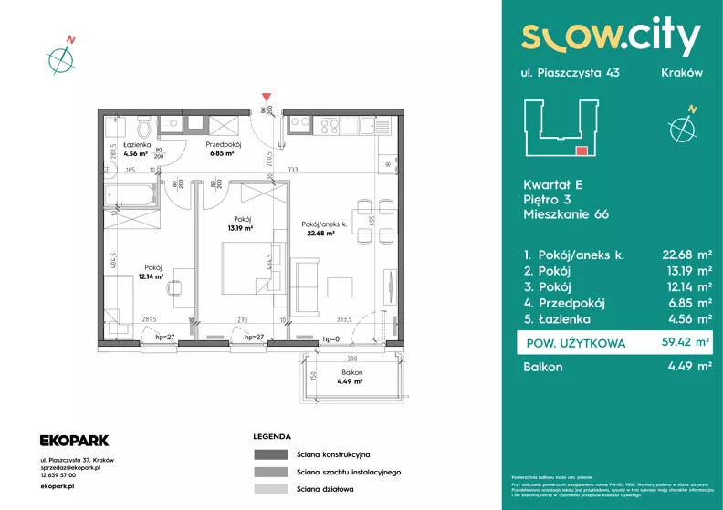 3 pokoje, mieszkanie 59,42 m², piętro 3, oferta nr E-66, Slow City - Etap E, Kraków, Prądnik Biały, ul. Piaszczysta 43