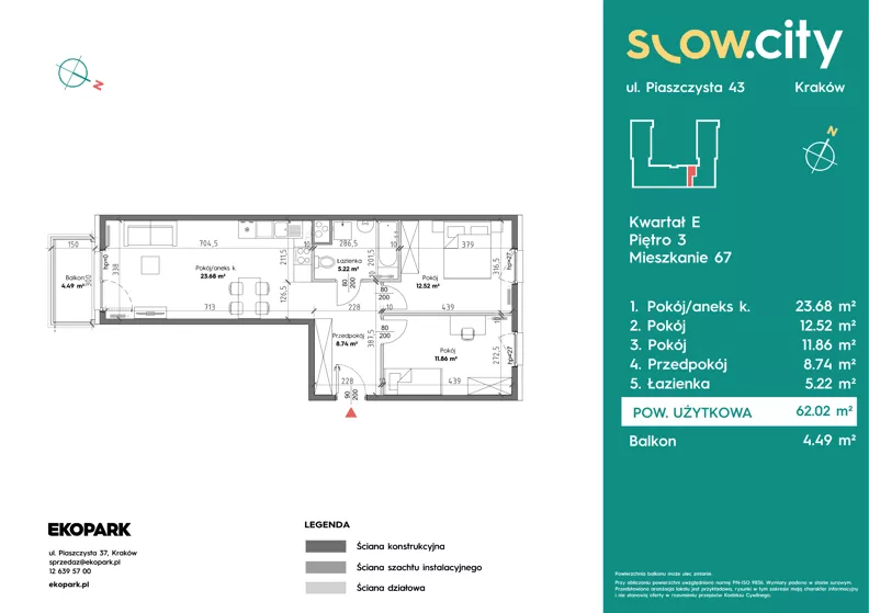 3 pokoje, mieszkanie 62,02 m², piętro 3, oferta nr E-67, Slow City - Etap E, Kraków, Prądnik Biały, ul. Piaszczysta 43