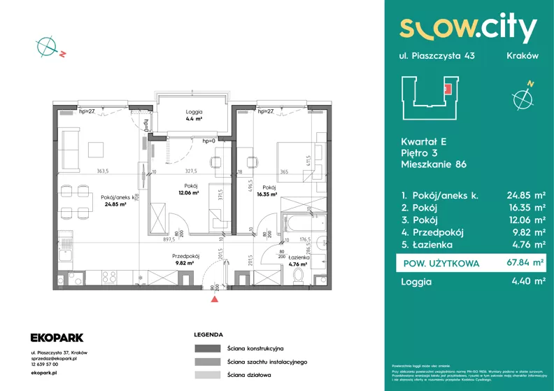 3 pokoje, mieszkanie 67,84 m², piętro 3, oferta nr E-86, Slow City - Etap E, Kraków, Prądnik Biały, ul. Piaszczysta 43