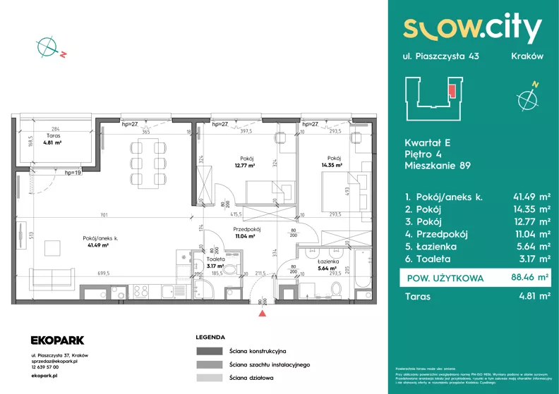 3 pokoje, mieszkanie 88,46 m², piętro 4, oferta nr E-89, Slow City - Etap E, Kraków, Prądnik Biały, ul. Piaszczysta 43