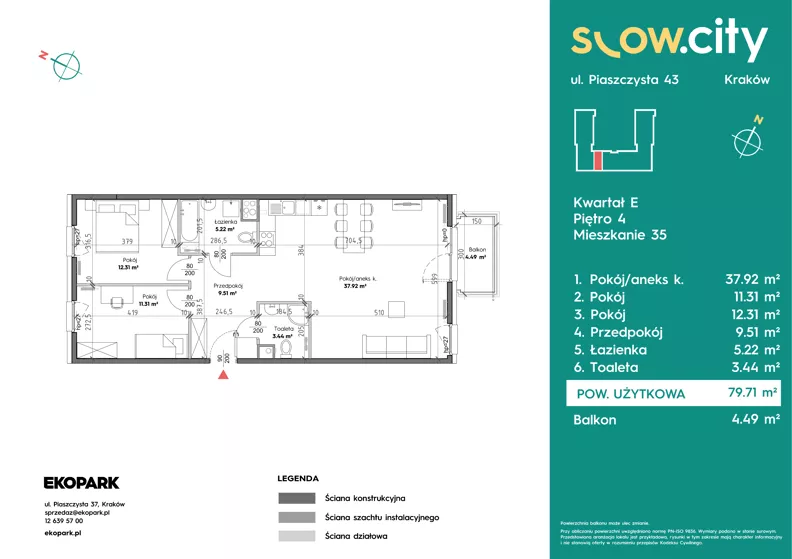 3 pokoje, mieszkanie 79,71 m², piętro 4, oferta nr E-35, Slow City - Etap E, Kraków, Prądnik Biały, ul. Piaszczysta 43