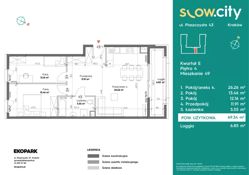 3 pokoje, mieszkanie 69,34 m², piętro 4, oferta nr E-49, Slow City - Etap E, Kraków, Prądnik Biały, ul. Piaszczysta 43