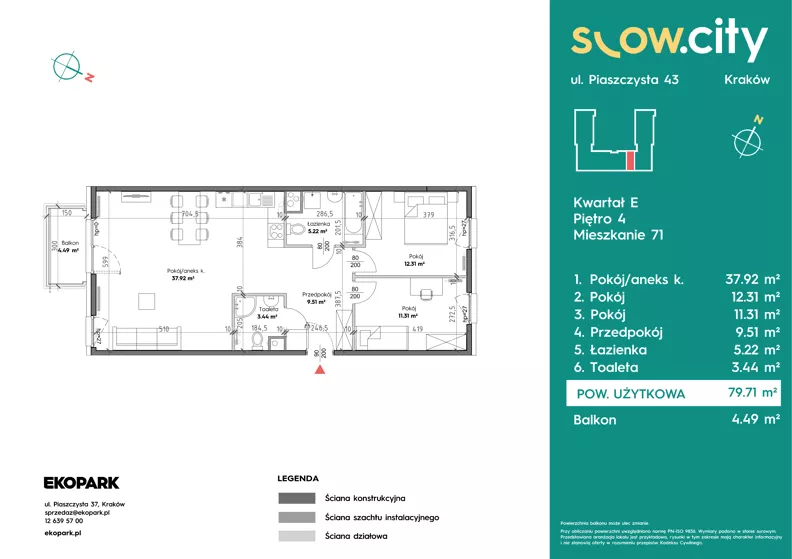 3 pokoje, mieszkanie 79,71 m², piętro 4, oferta nr E-71, Slow City - Etap E, Kraków, Prądnik Biały, ul. Piaszczysta 43