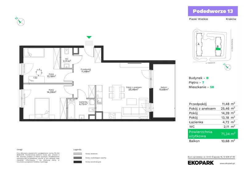 3 pokoje, mieszkanie 71,34 m², piętro 7, oferta nr B58, Podedworze 13, Kraków, Podgórze Duchackie, Piaski Wielkie, ul. Podedworze 13