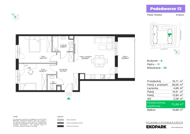 3 pokoje, mieszkanie 70,89 m², piętro 11, oferta nr B68, Podedworze 13, Kraków, Podgórze Duchackie, Piaski Wielkie, ul. Podedworze 13