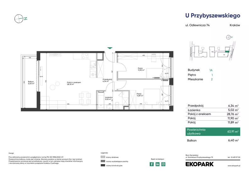 3 pokoje, mieszkanie 63,91 m², piętro 1, oferta nr 1A_M2, U Przybyszewskiego IV, Kraków, Krowodrza, ul. Przybyszewskiego