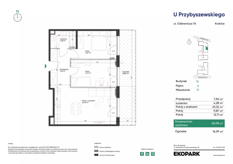 3 pokoje, mieszkanie 60,08 m², parter, oferta nr 1A_M13, U Przybyszewskiego IV, Kraków, Krowodrza, ul. Przybyszewskiego