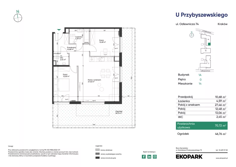 3 pokoje, mieszkanie 70,72 m², parter, oferta nr 1A_M14, U Przybyszewskiego IV, Kraków, Krowodrza, ul. Przybyszewskiego