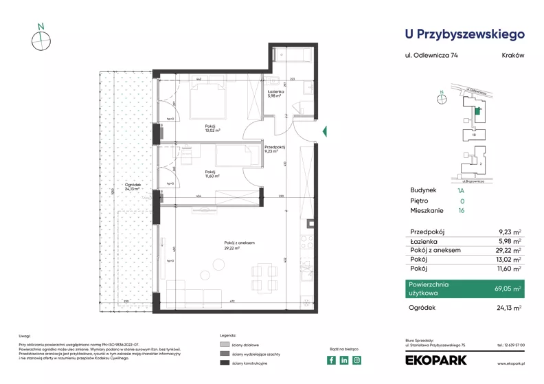 3 pokoje, mieszkanie 69,05 m², parter, oferta nr 1A_M16, U Przybyszewskiego IV, Kraków, Krowodrza, ul. Przybyszewskiego