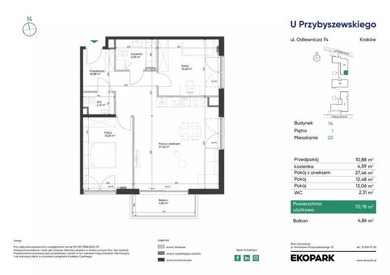 3 pokoje, mieszkanie 70,78 m², piętro 1, oferta nr 1A_M20, U Przybyszewskiego IV, Kraków, Krowodrza, ul. Przybyszewskiego