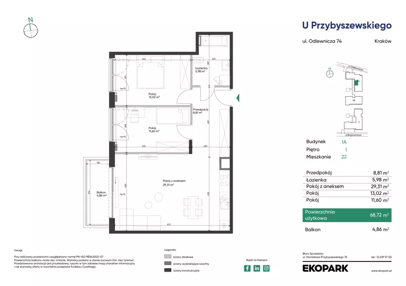 3 pokoje, mieszkanie 68,72 m², piętro 1, oferta nr 1A_M22, U Przybyszewskiego IV, Kraków, Krowodrza, ul. Przybyszewskiego