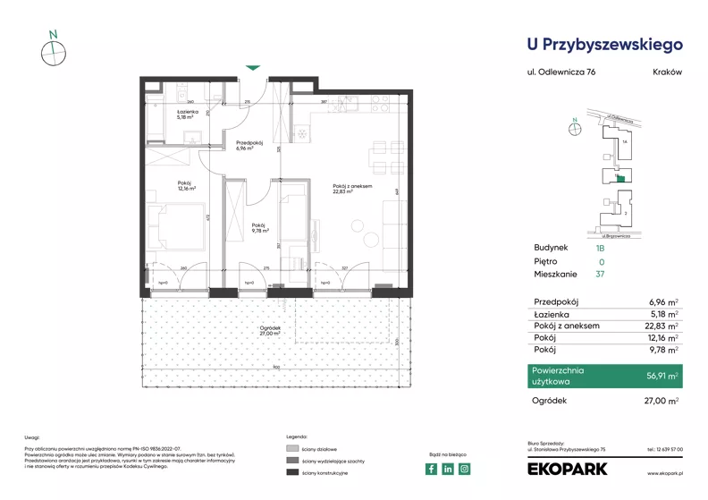 3 pokoje, mieszkanie 56,91 m², parter, oferta nr 1B_M37, U Przybyszewskiego IV, Kraków, Krowodrza, ul. Przybyszewskiego