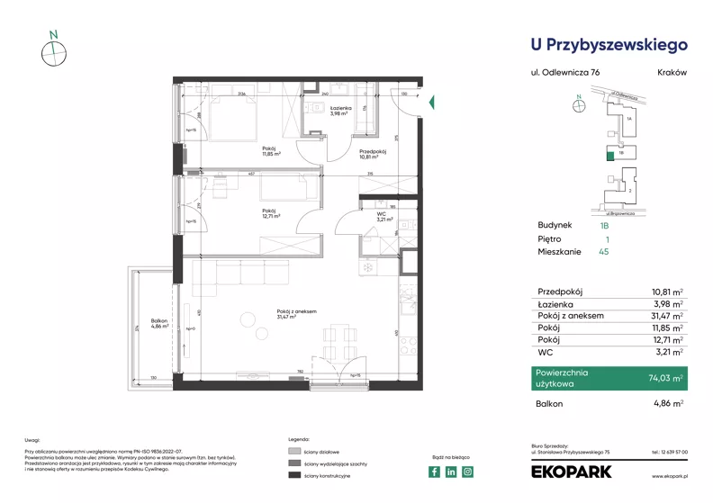 3 pokoje, mieszkanie 74,03 m², piętro 1, oferta nr 1B_M45, U Przybyszewskiego IV, Kraków, Krowodrza, ul. Przybyszewskiego