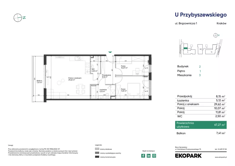 3 pokoje, mieszkanie 67,27 m², piętro 1, oferta nr 2_M3, U Przybyszewskiego IV, Kraków, Krowodrza, ul. Przybyszewskiego