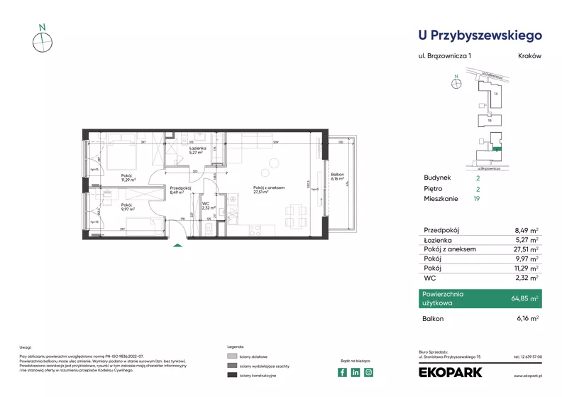 3 pokoje, mieszkanie 64,85 m², piętro 2, oferta nr 2_M19, U Przybyszewskiego IV, Kraków, Krowodrza, ul. Przybyszewskiego