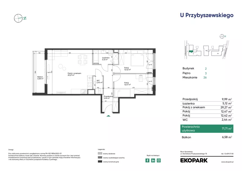 3 pokoje, mieszkanie 71,71 m², piętro 3, oferta nr 2_M26, U Przybyszewskiego IV, Kraków, Krowodrza, ul. Przybyszewskiego