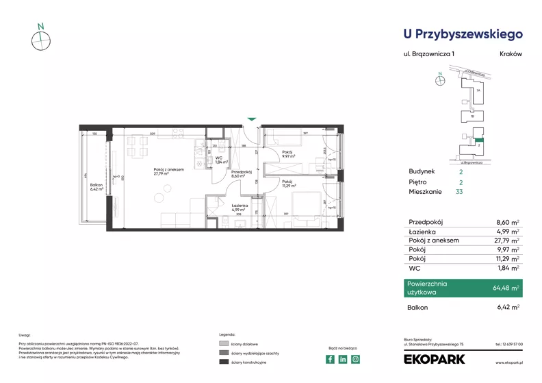 3 pokoje, mieszkanie 64,48 m², piętro 2, oferta nr 2_M33, U Przybyszewskiego IV, Kraków, Krowodrza, ul. Przybyszewskiego