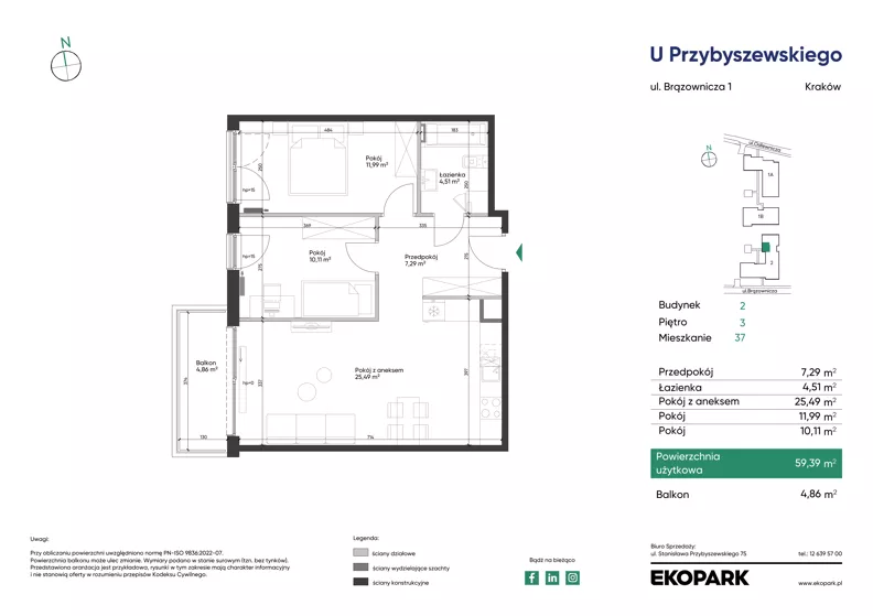 3 pokoje, mieszkanie 59,39 m², piętro 3, oferta nr 2_M37, U Przybyszewskiego IV, Kraków, Krowodrza, ul. Przybyszewskiego
