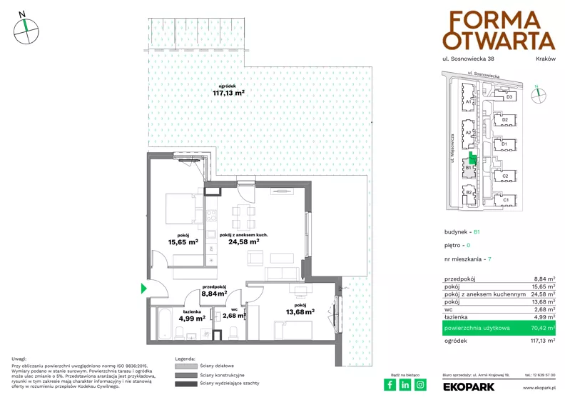 3 pokoje, mieszkanie 70,42 m², parter, oferta nr B1-7, Forma Otwarta - Etap B, Kraków, Bronowice, Bronowice Wielkie, ul. Sosnowiecka 38 - 40