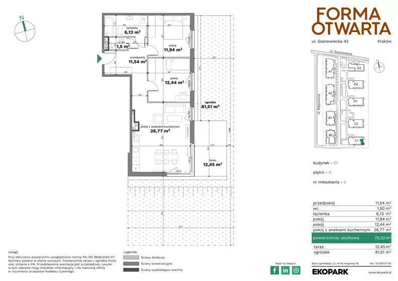 3 pokoje, mieszkanie 70,32 m², parter, oferta nr C1-2, Forma Otwarta - Etap C, Kraków, Bronowice, Bronowice Wielkie, ul. Sosnowiecka
