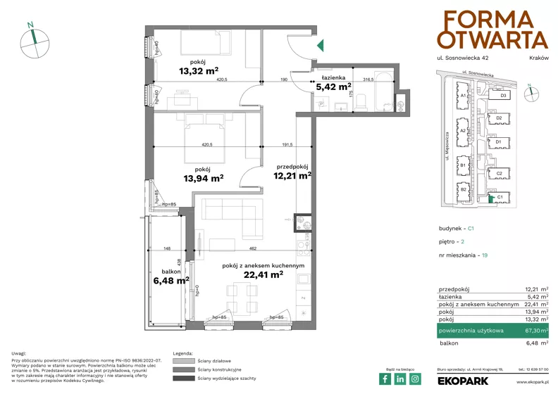 3 pokoje, mieszkanie 67,30 m², piętro 2, oferta nr C1-19, Forma Otwarta - Etap C, Kraków, Bronowice, Bronowice Wielkie, ul. Sosnowiecka