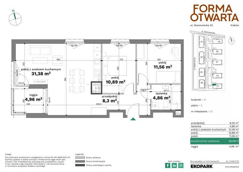 3 pokoje, mieszkanie 66,99 m², piętro 3, oferta nr C1-27, Forma Otwarta - Etap C, Kraków, Bronowice, Bronowice Wielkie, ul. Sosnowiecka