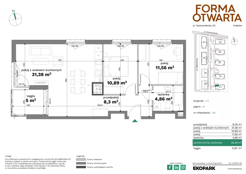 3 pokoje, mieszkanie 66,99 m², piętro 6, oferta nr C1-45, Forma Otwarta - Etap C, Kraków, Bronowice, Bronowice Wielkie, ul. Sosnowiecka