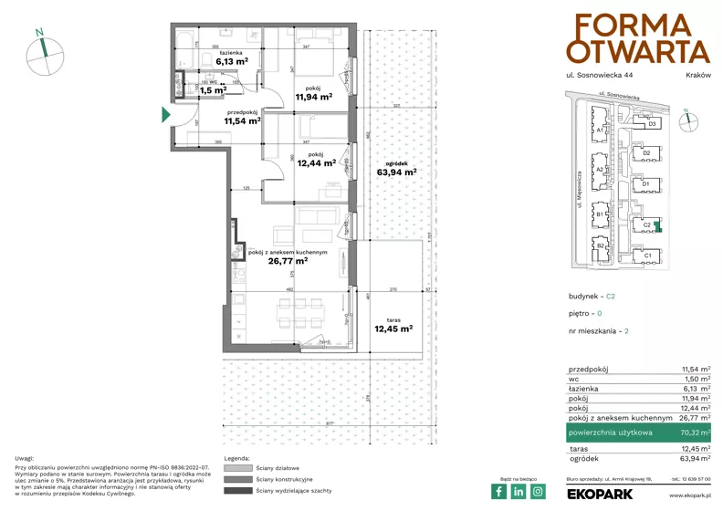3 pokoje, mieszkanie 70,32 m², parter, oferta nr C2-2, Forma Otwarta - Etap C, Kraków, Bronowice, Bronowice Wielkie, ul. Sosnowiecka